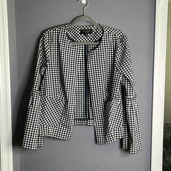 Laundry by Shelli Segal Navy Blue and White Gingham Open Blazer Size Medium - Picture 9 of 9